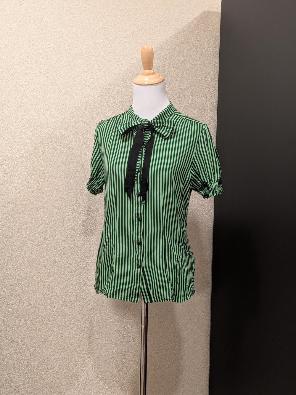 Hell Bunny Green & Black Striped Tie-Neck Blouse